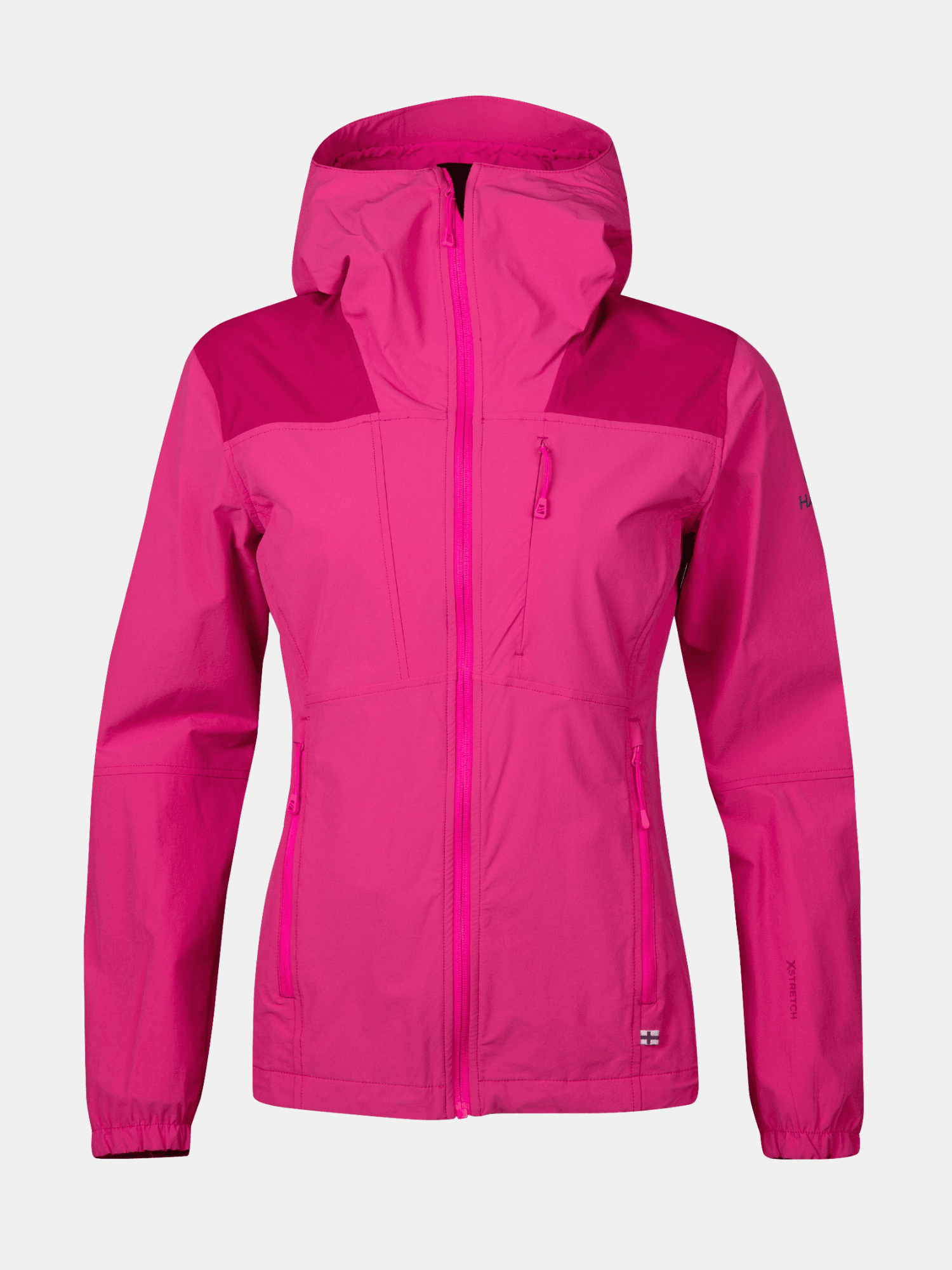 Halti Pallas II Womens X-stretch Jacket in bright pink with chest and side pockets—ideal for outdoor use.