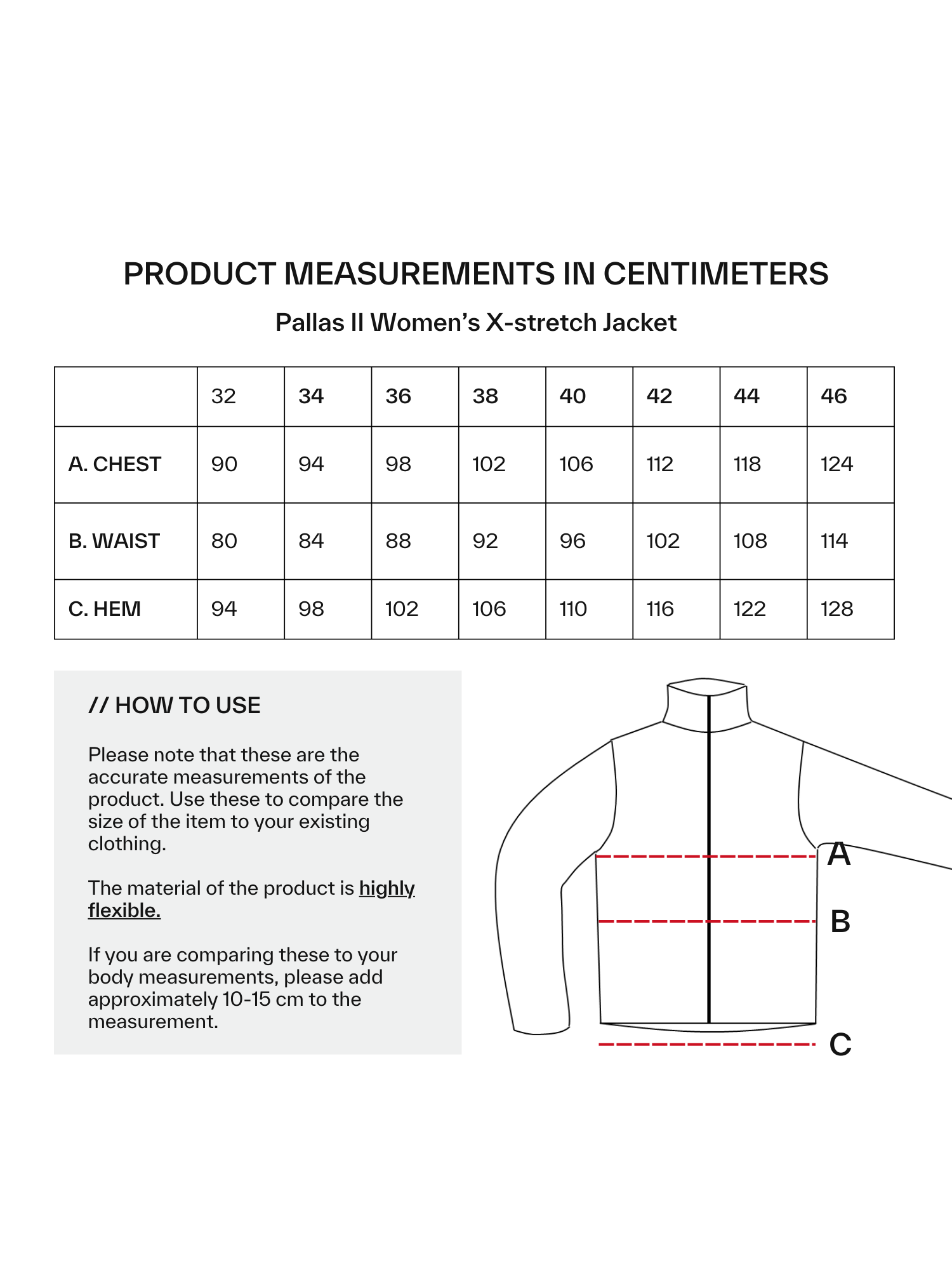Halti’s Pallas II Womens X-stretch Jacket size chart shows chest, waist, and hem in cm with a diagram.