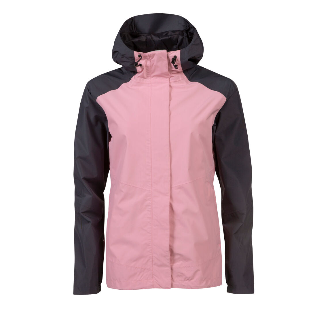 The Halti Fort DX Shell Jacket Womens, pink with black sleeves and hood, made from recycled polyester, shown on white.