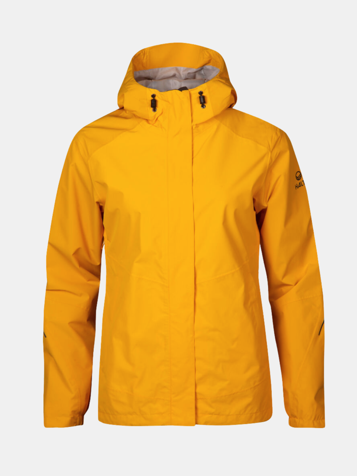 Halti Fort Plus Womens DrymaxX Shell Jacket in yellow with a hood, front zipper, long sleeves, and black chest logo.