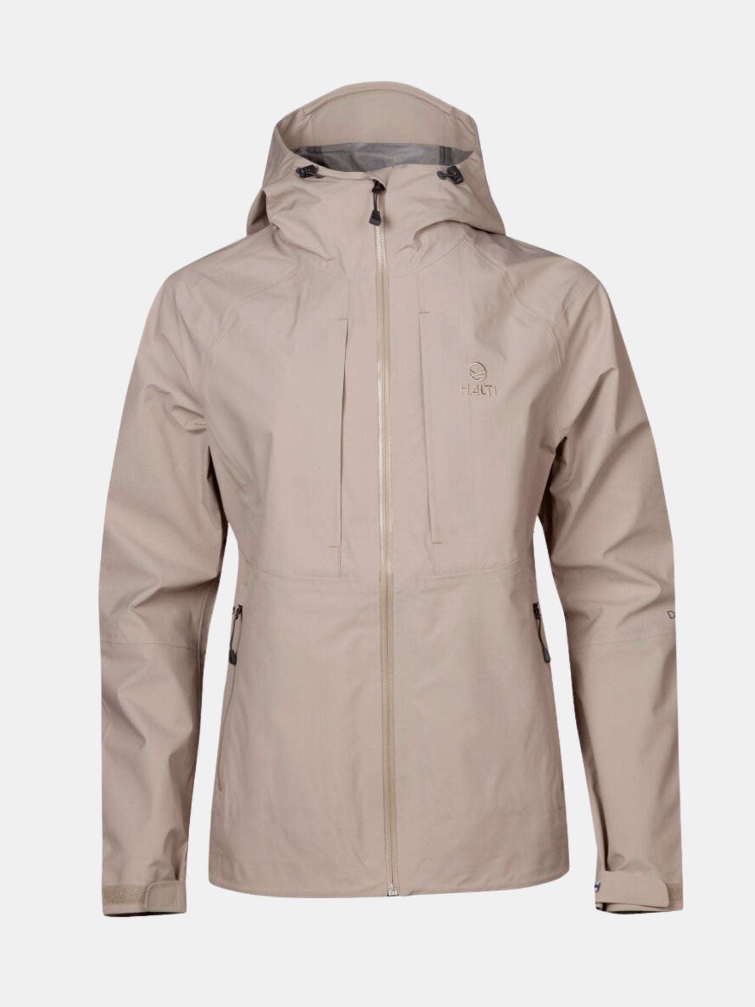 Halti Kaarna Womens DX 3L Shell Jacket: light beige, hooded, breathable, chest & side pockets, front zipper.
