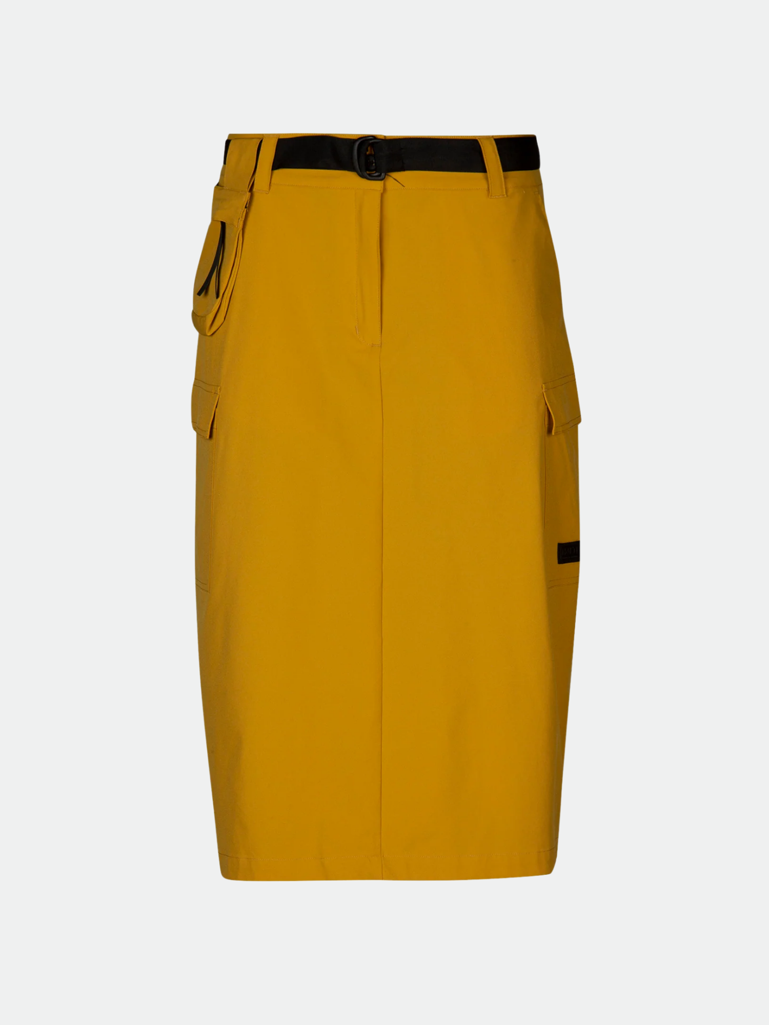 Halti Rundi Womens yellow midi skirt with side pockets, black belt, pouch, made from recycled polyester.