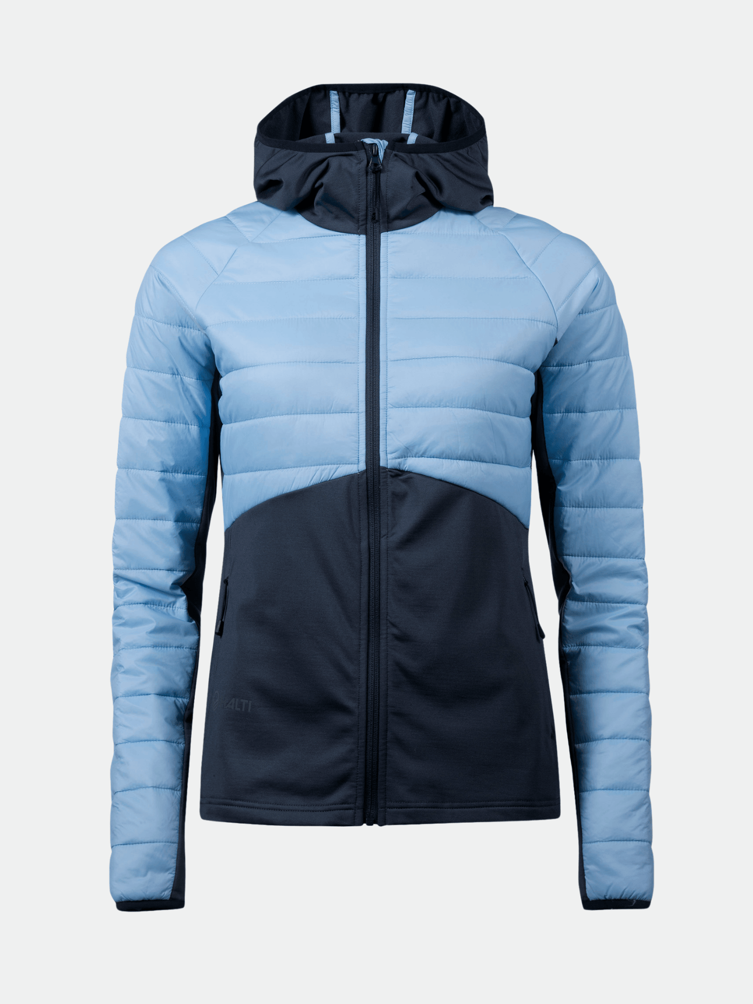 The Halti Veidnes Women's Insulation Jacket features a light blue quilted top, dark blue bottom, hood, and front zipper.