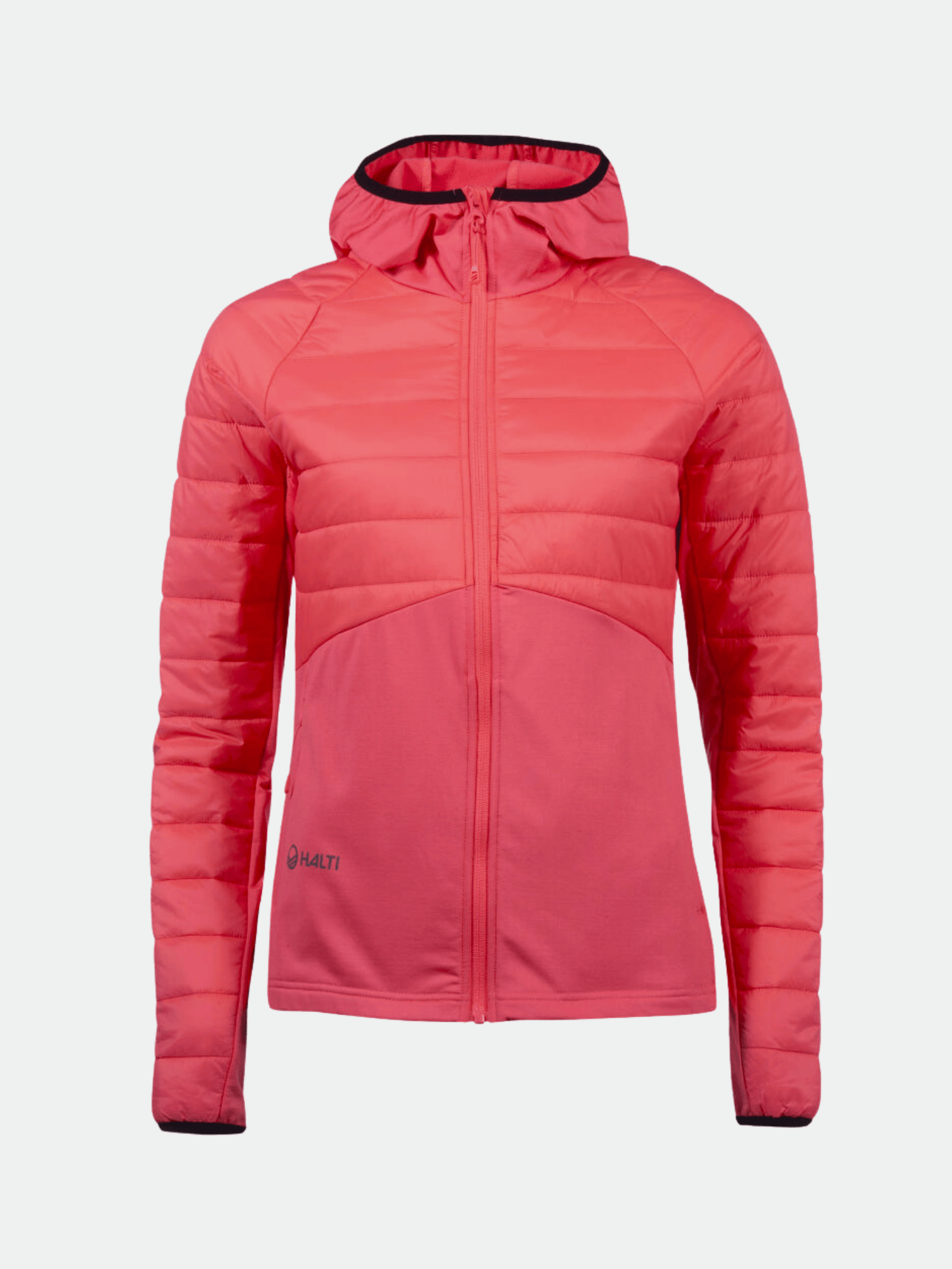 The Halti Veidnes Women's Insulation Jacket in bright pink features microtherm insulation, quilted panels, and a front zipper.