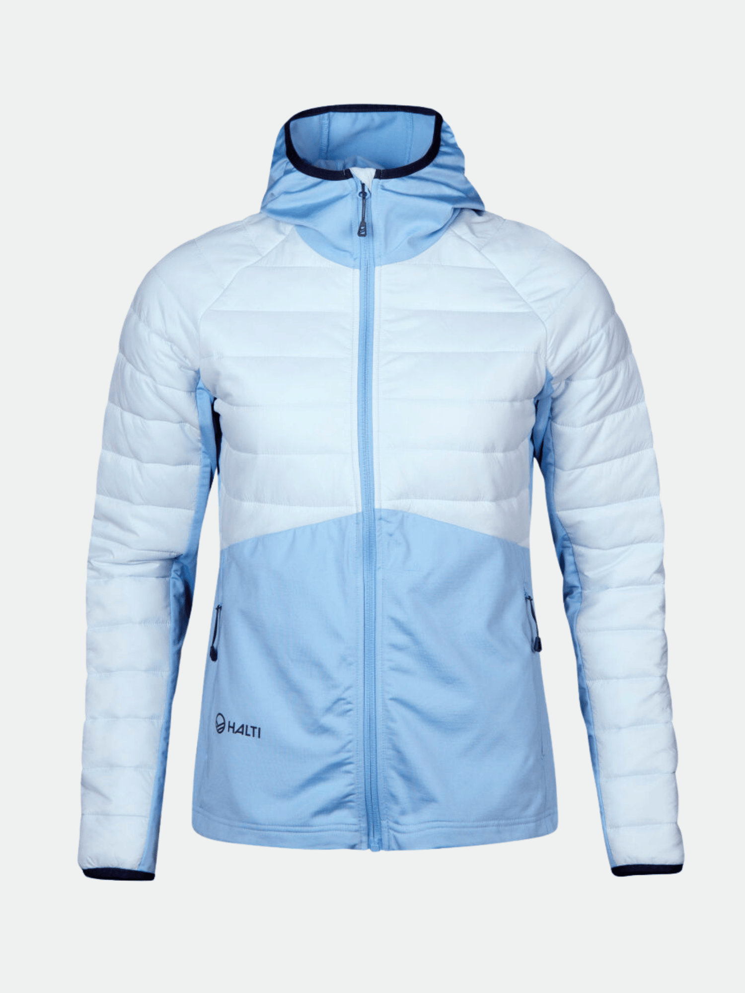 Halti Veidnes Women's light blue & white jacket with microtherm insulation, front zip, and 2 zippered pockets.