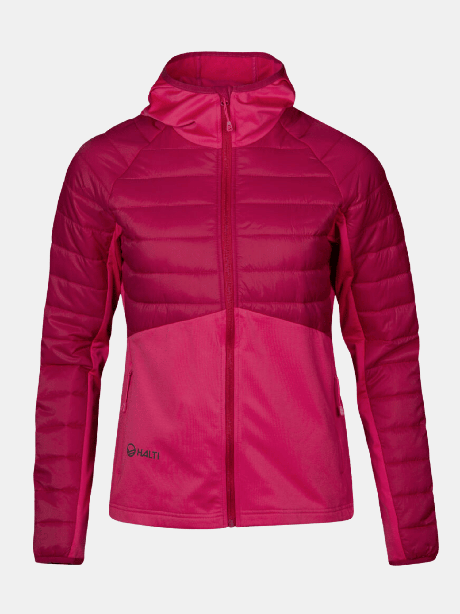 Halti Veidnes Women's Insulation Jacket in bright pink with microtherm, hood, and zip pockets on white background.