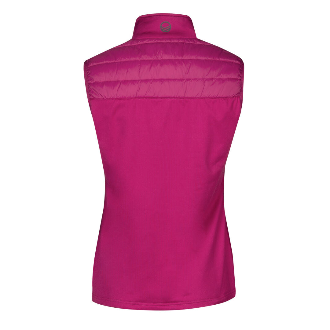 The Halti Veidnes Womens magenta insulation vest, made from recycled material, is shown sleeveless and from the back.