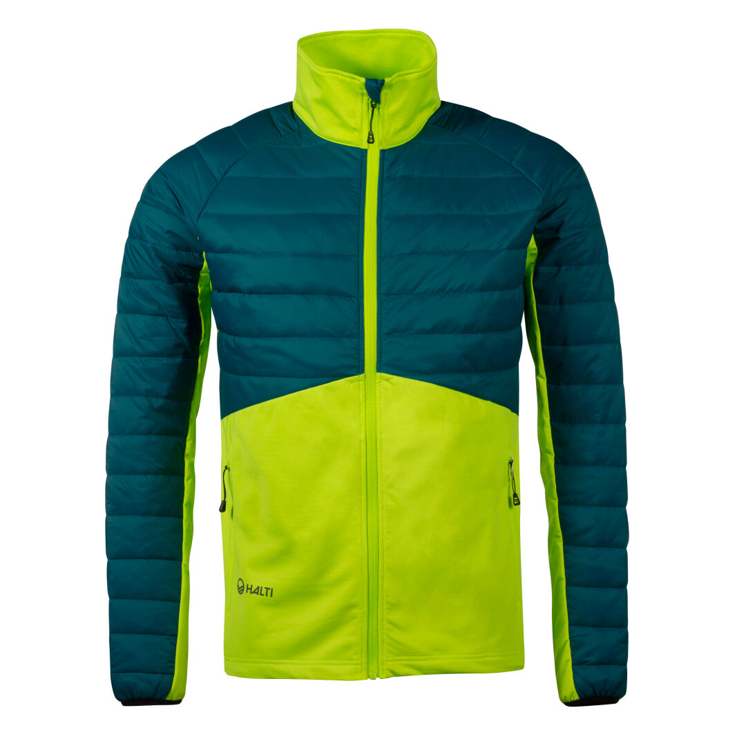 The Halti Veidnes Mens Insulation Jacket has dark teal sleeves, a yellow-green body, Microtherm®, zipper, and pockets.