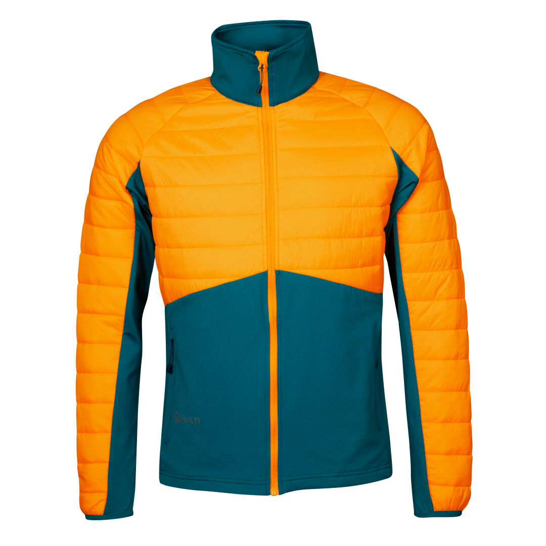 Halti Veidnes Mens Insulation Jacket features orange quilted sleeves, teal body, side pockets, and a front zipper.