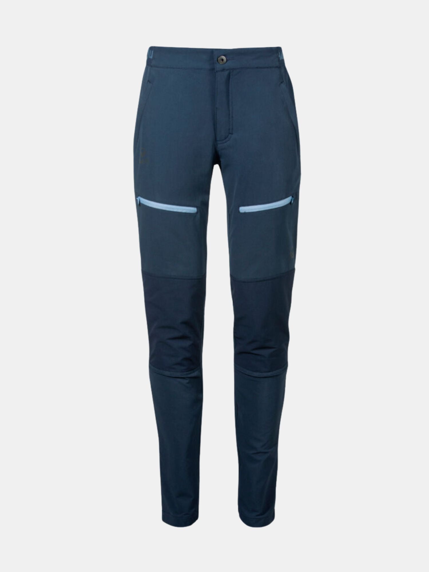 Halti Pallas II Women's Warm X-stretch Pants in dark blue with light blue thigh zipper pockets, shown on white background.