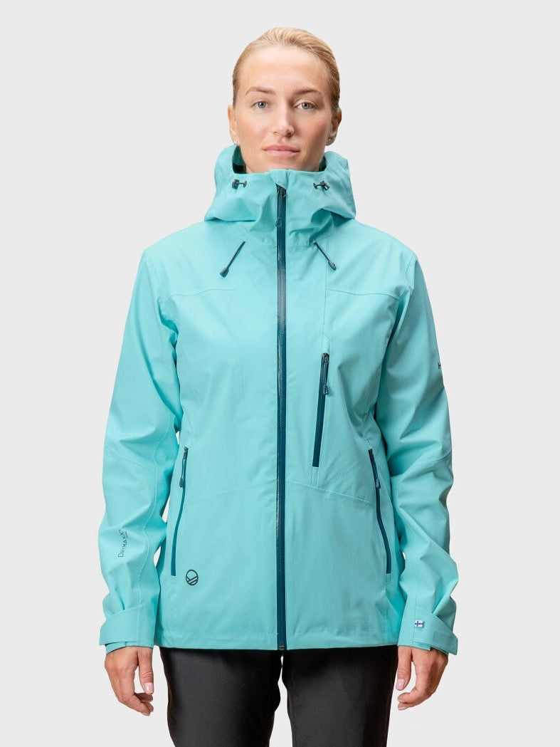 A person wears a Halti Juonto DrymaxX Shell Jacket Womens in light blue, standing against a plain white background.