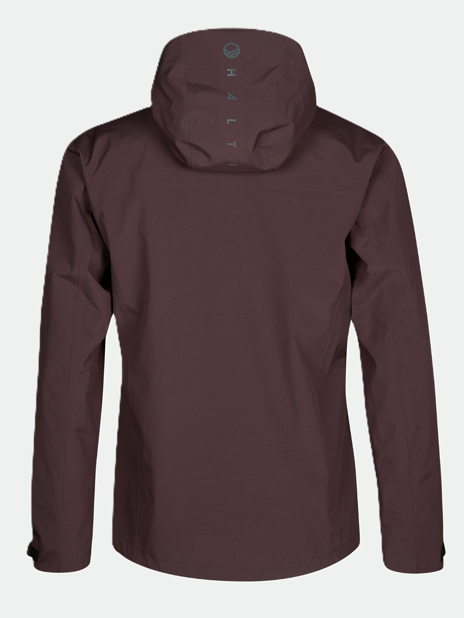 The Halti Juonto DrymaxX maroon mens shell jacket shown from the back with HALTI printed vertically on the hood.
