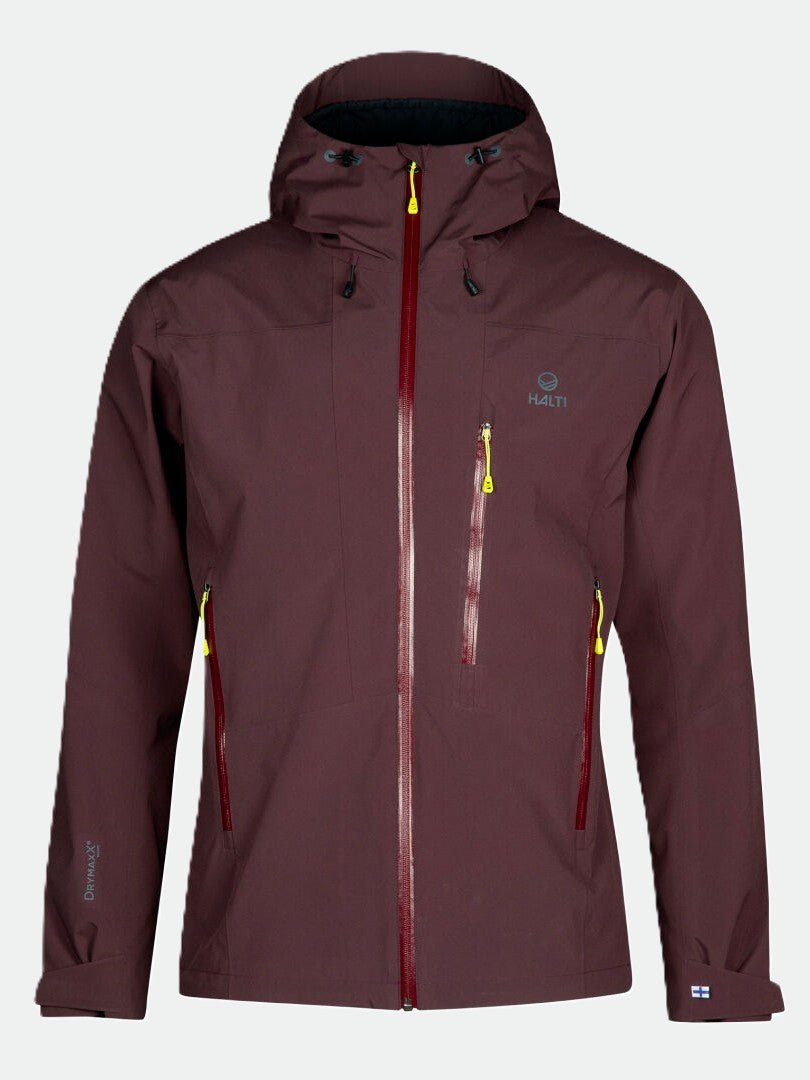 Halti Juonto DrymaxX Mens maroon shell jacket—waterproof, breathable, yellow zippers, three front zip pockets.