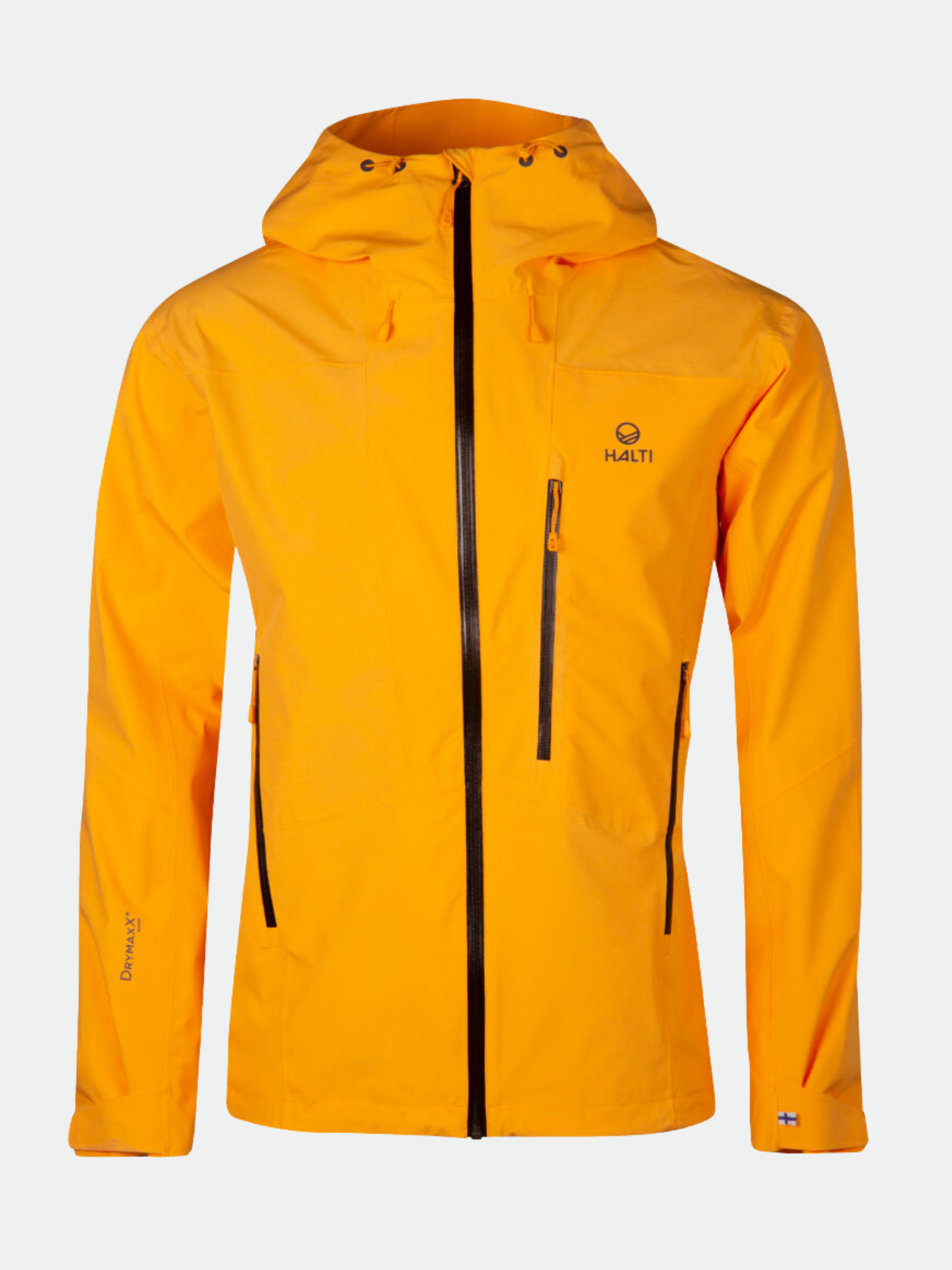 Halti Juonto DrymaxX mens shell jacket in bright yellow with front zip, pockets, and logo on left chest.