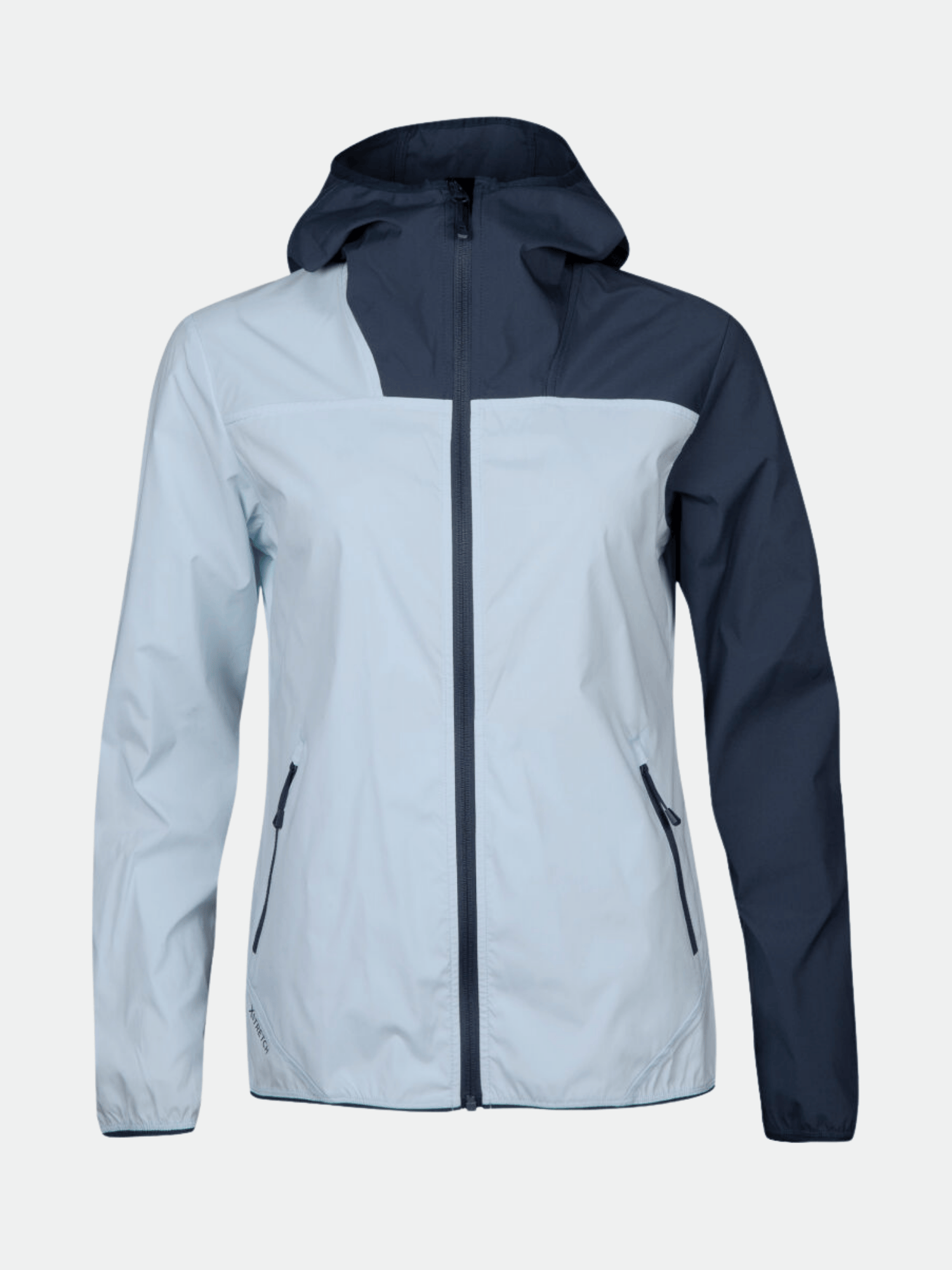 The Halti Pallas Womens Lite X-stretch jacket features a front zipper, light blue body, and dark blue sleeves and hood.
