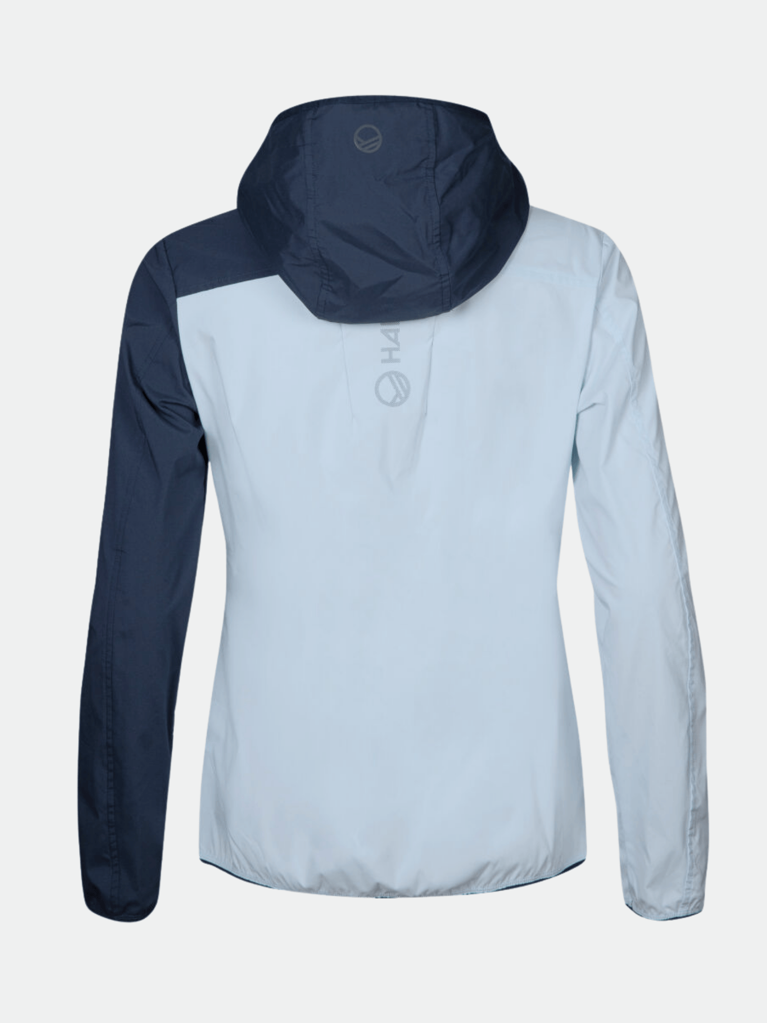 The Halti Pallas Lite X-stretch jacket Women’s is lightweight, breathable, with a dark blue hood and light blue back.