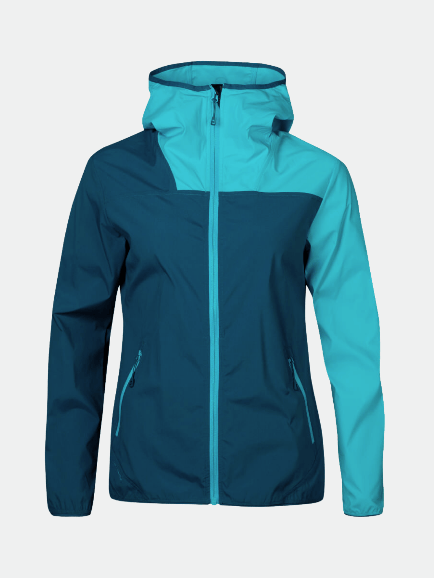 Halti Pallas Lite X-stretch Women's jacket in blue/teal with hood, breathable fabric, front zip, and two zip pockets.