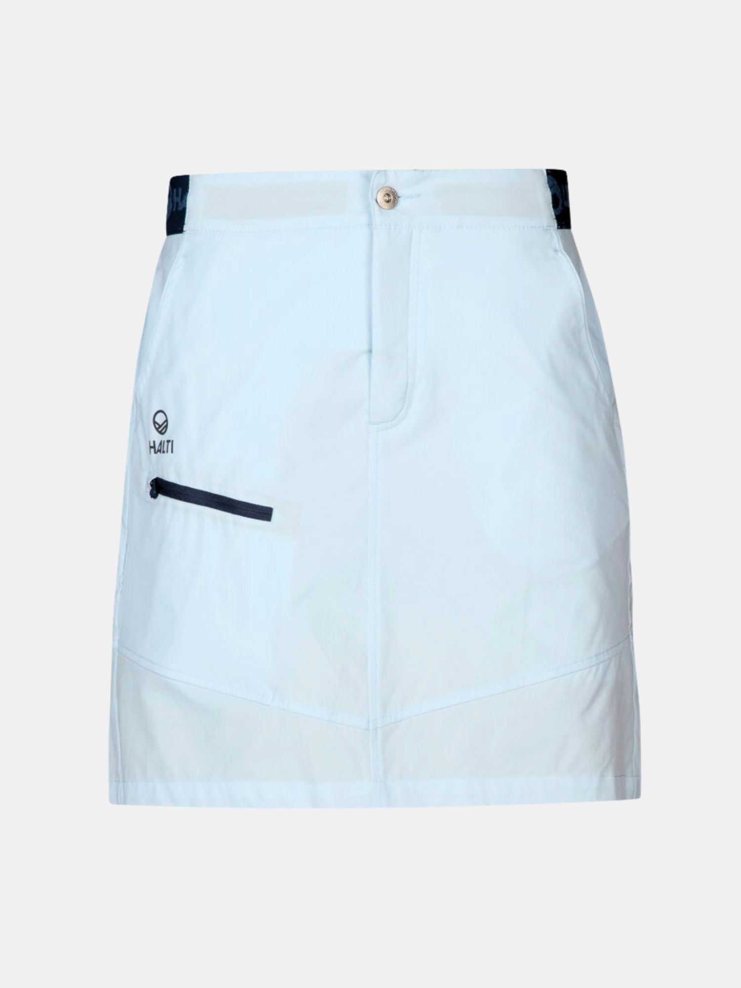 Halti Pallas Womens Lite X-stretch skort, light blue, quick-dry, front button, zip pocket, upper left logo.