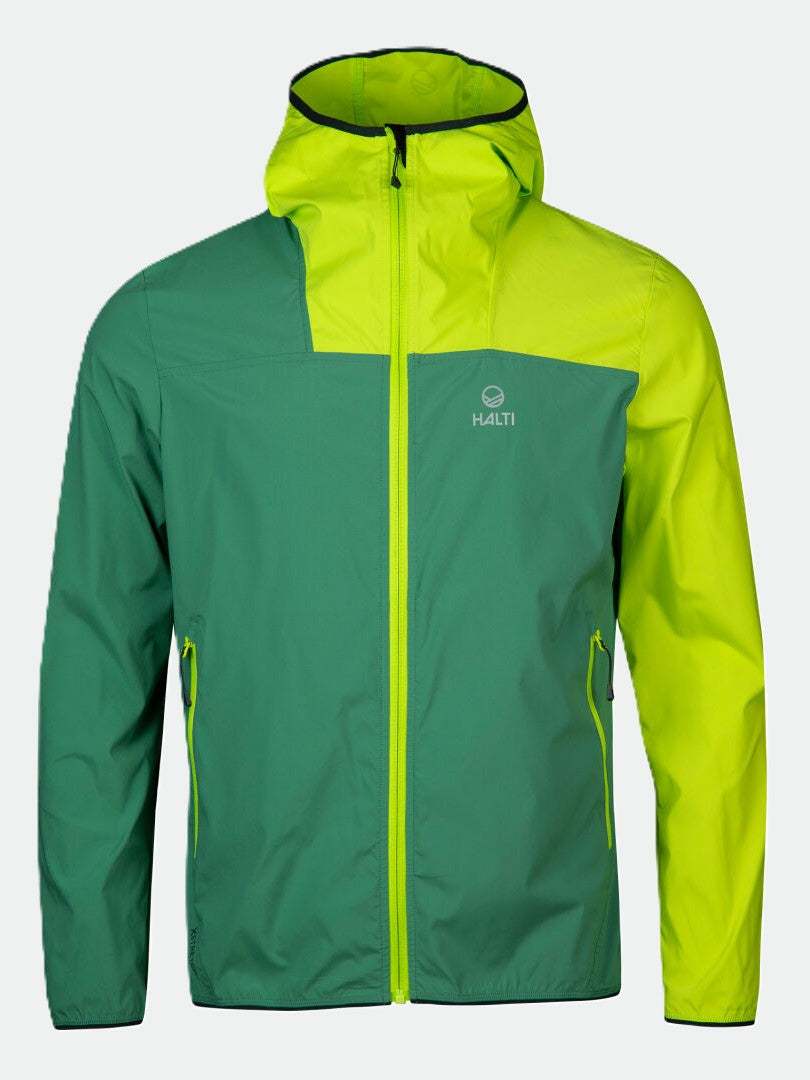 The Halti Pallas Mens Lite X-stretch jacket in green/yellow features zip pockets and is ideal for outdoor activities.