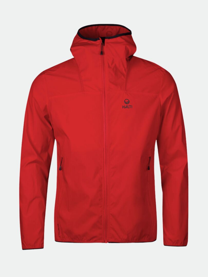 Halti Pallas Mens Lite X-stretch red hiking jacket with front zipper and two side zip pockets on plain background.