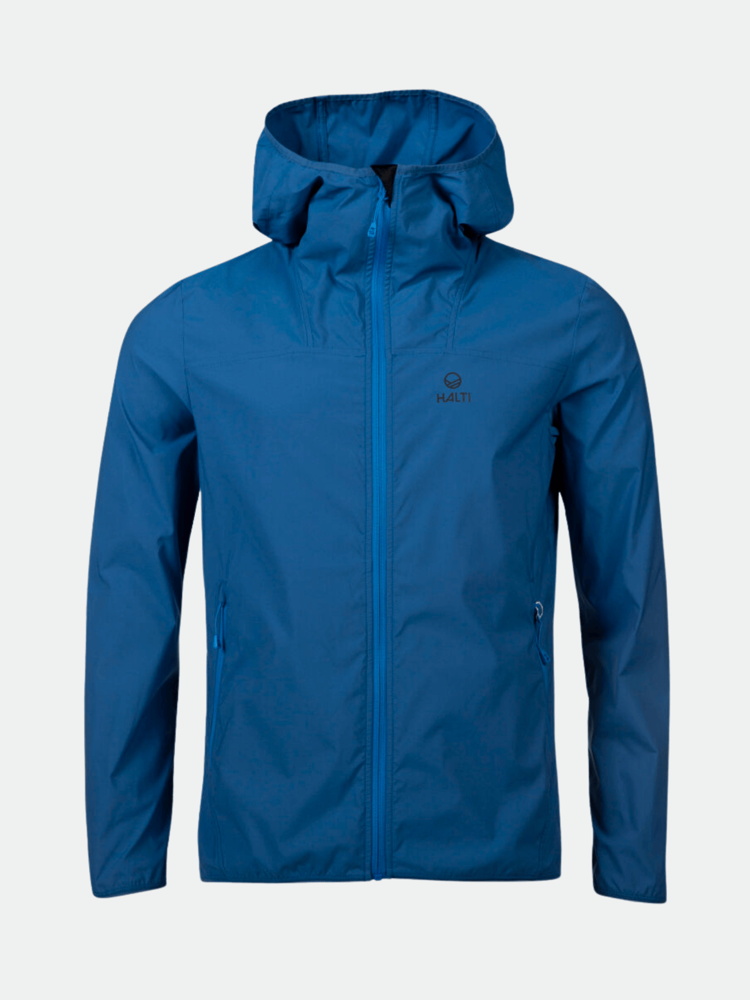 The Halti Pallas Mens Lite X-stretch jacket is blue with a hood, zip front, zippered pockets, and chest logo.