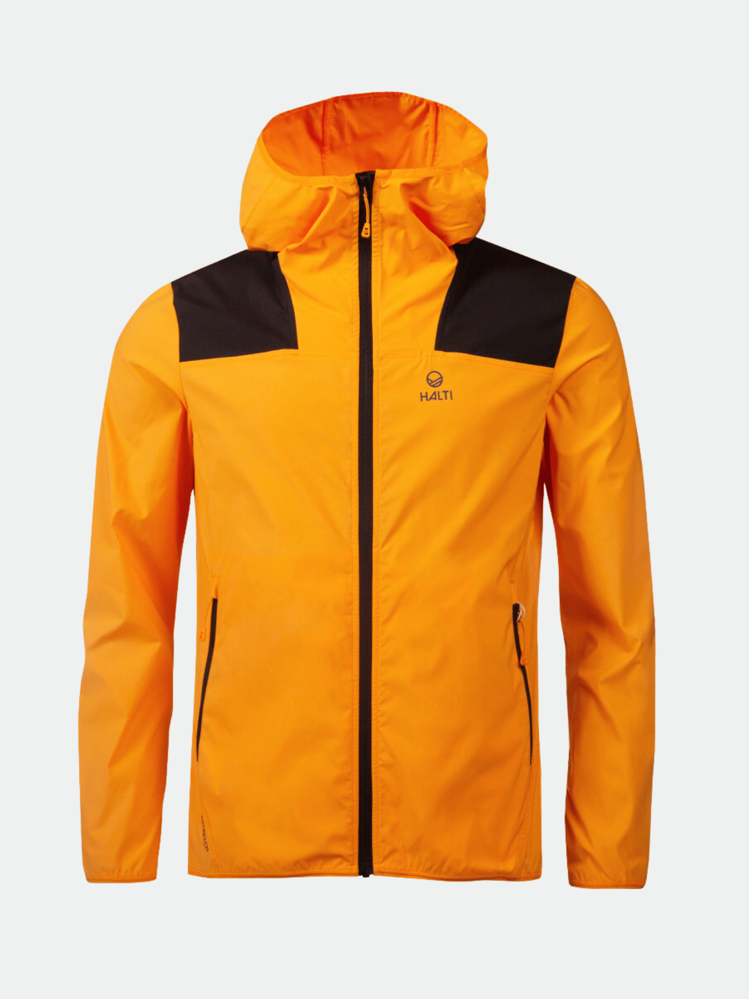 The Halti Pallas Mens Lite X-stretch jacket in yellow with black panels and zippered pockets, shown on white background.