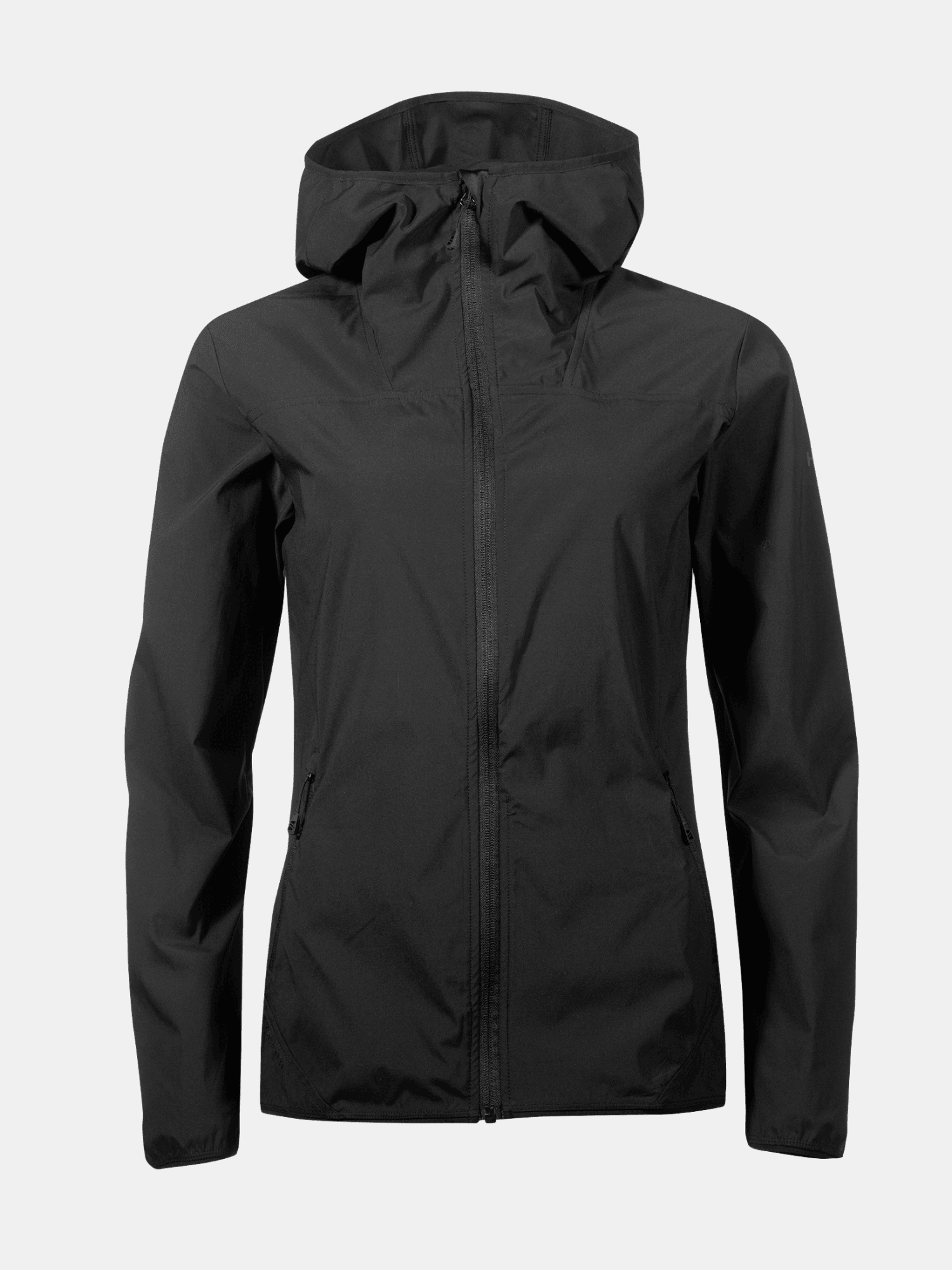 Halti Pallas Plus Womens X-stretch Lite black hooded jacket with front zipper and two side pockets.