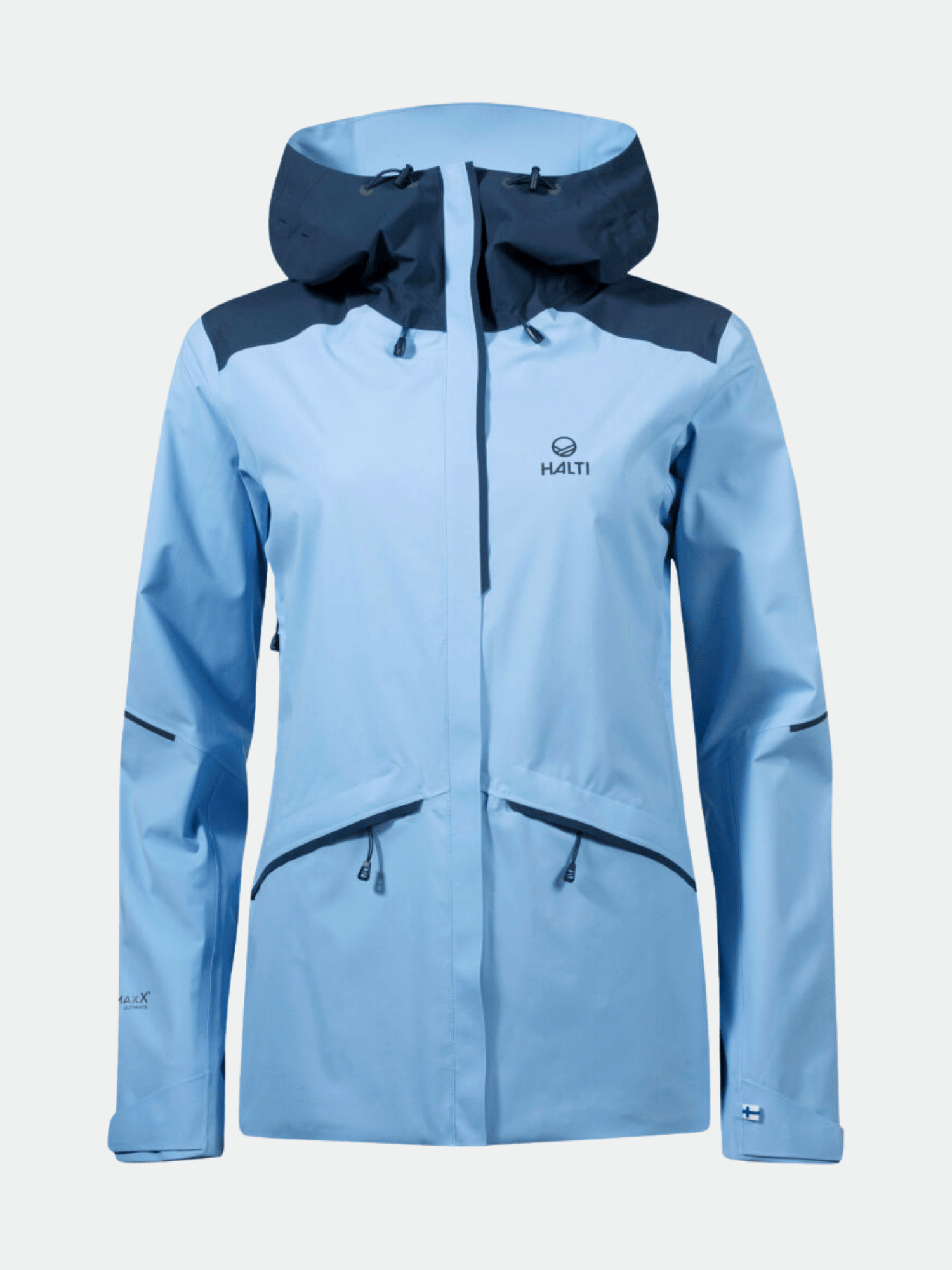 Halti Nummi Women's DrymaxX Shell Jacket in light blue with dark blue hood, zip pockets, and front zipper shown.