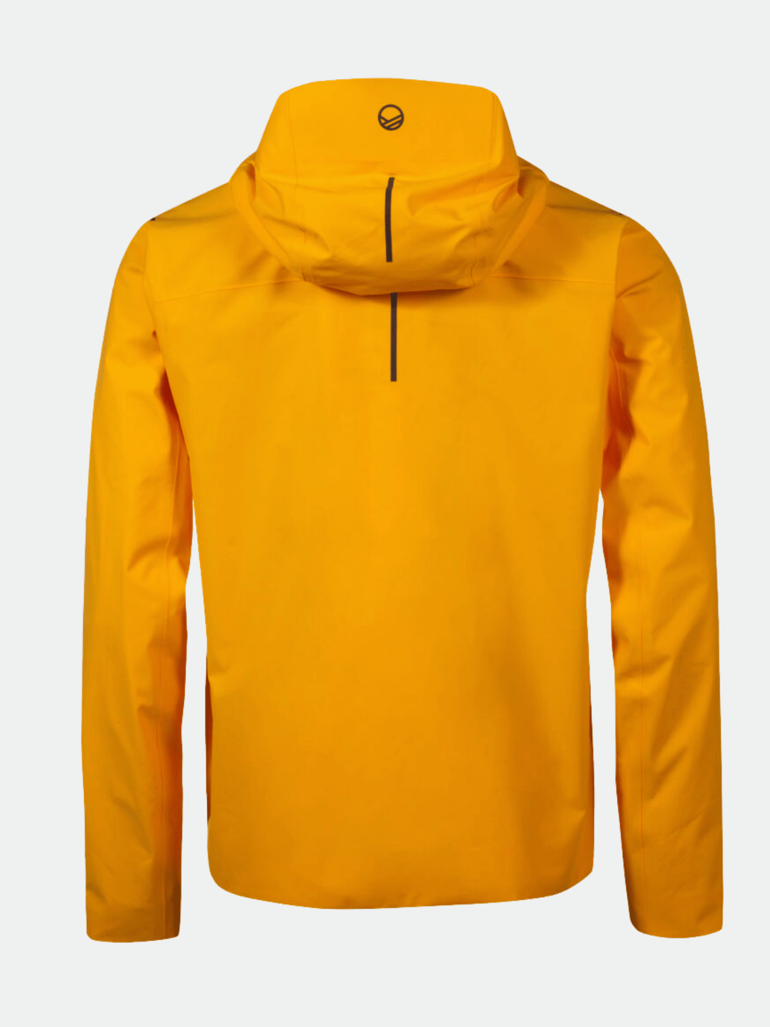The Halti Nummi Men's DrymaxX Shell Jacket is yellow with a black vertical line and circular logo, shown from the back.