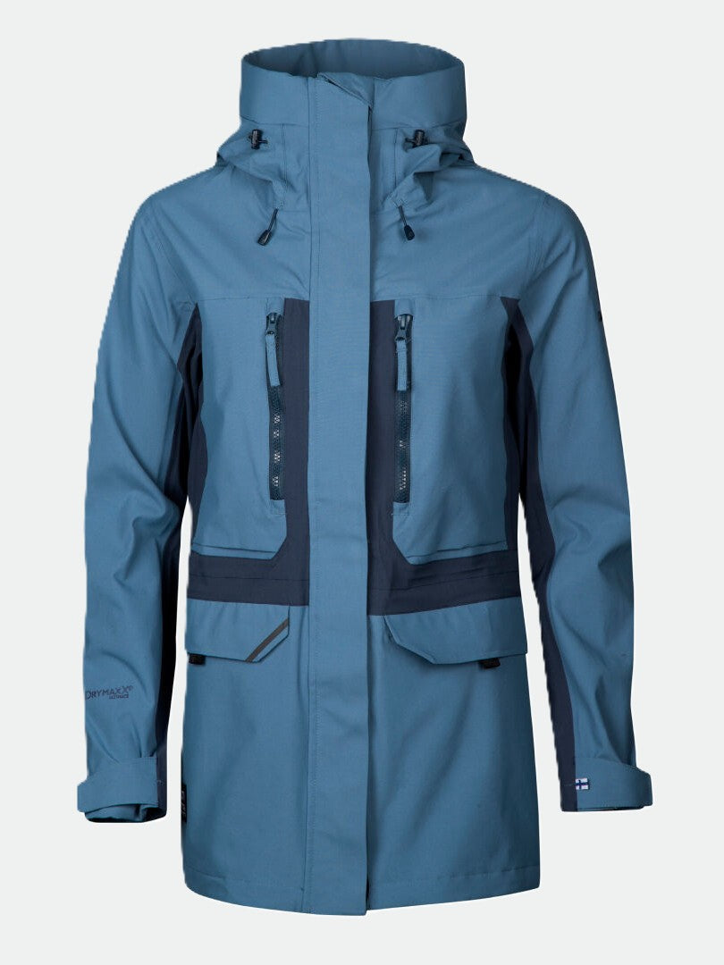 Halti Hiker Womens DrymaxX Parka Jacket: blue, black accents, zip pockets, adjustable cuffs, recycled material.
