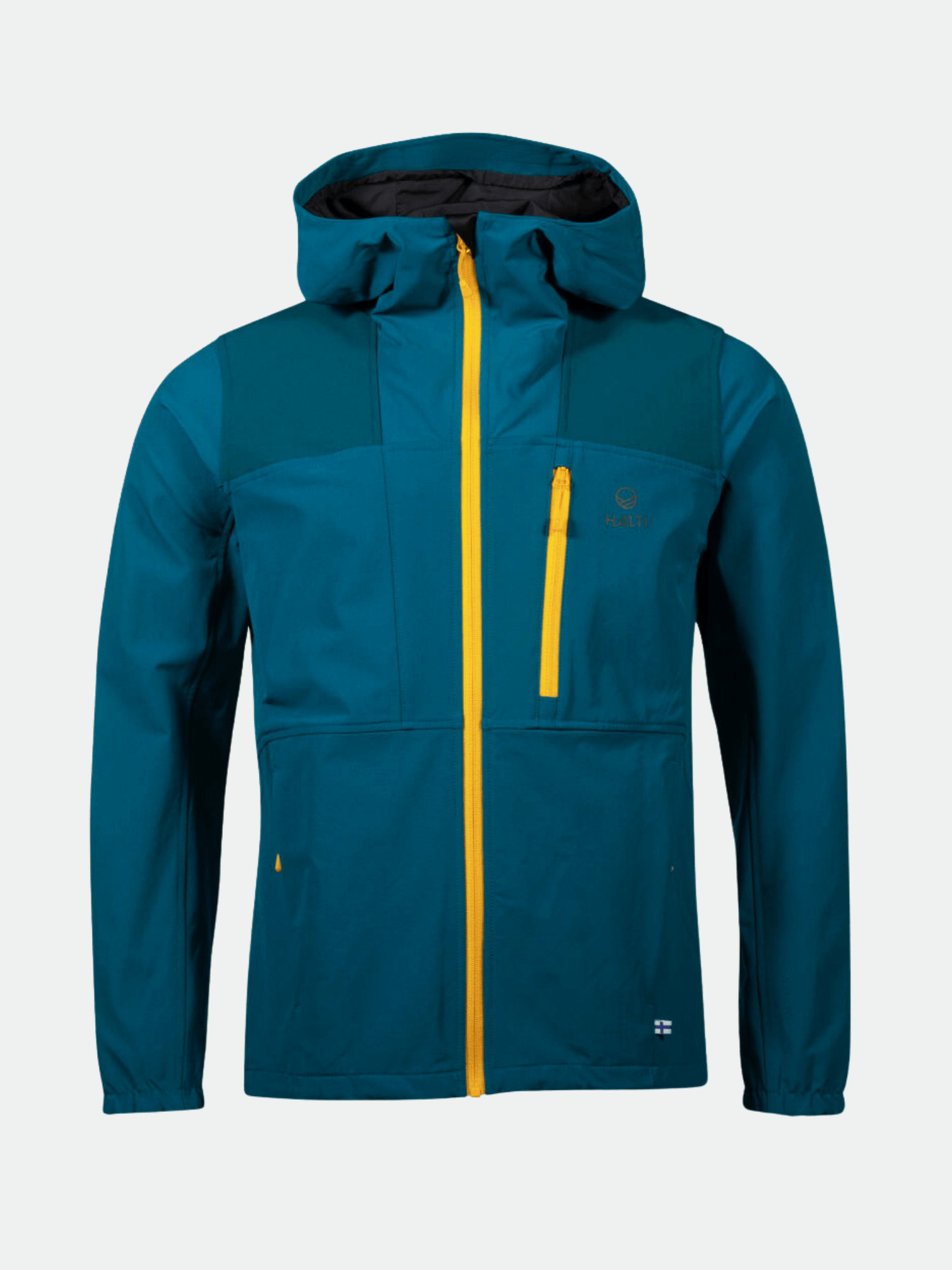 Halti Pallas Men's Warm X-stretch Jacket in teal with yellow zipper and chest pocket on light gray background.
