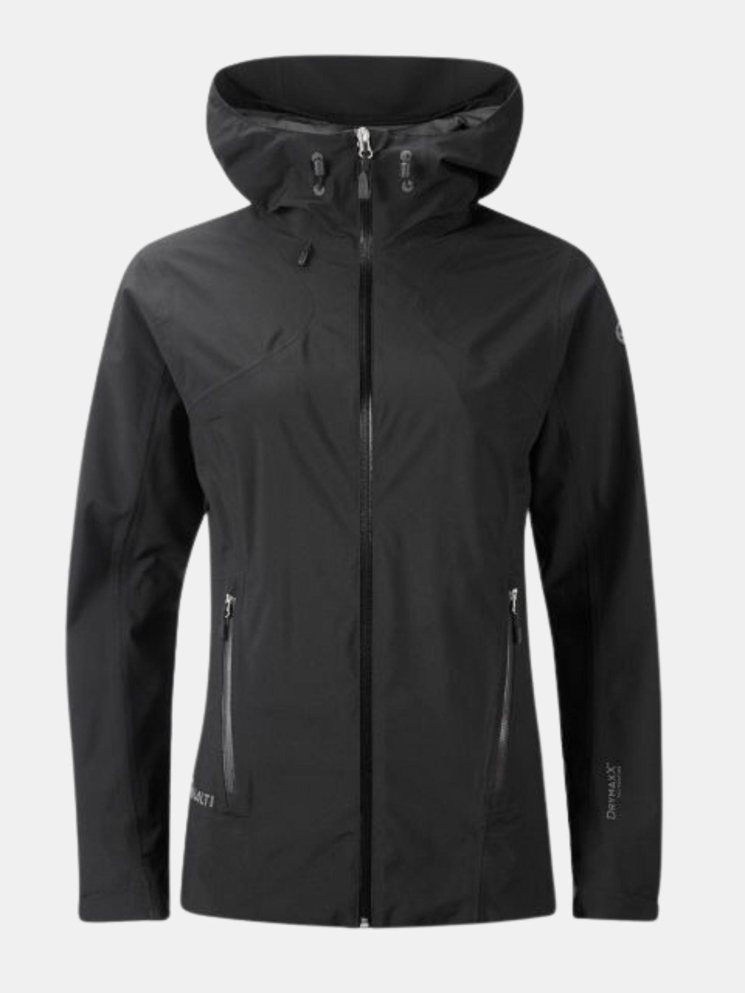 Halti Eela Women's DrymaxX Shell Jacket in black with hood, front zipper, and zippered side pockets on plain background.