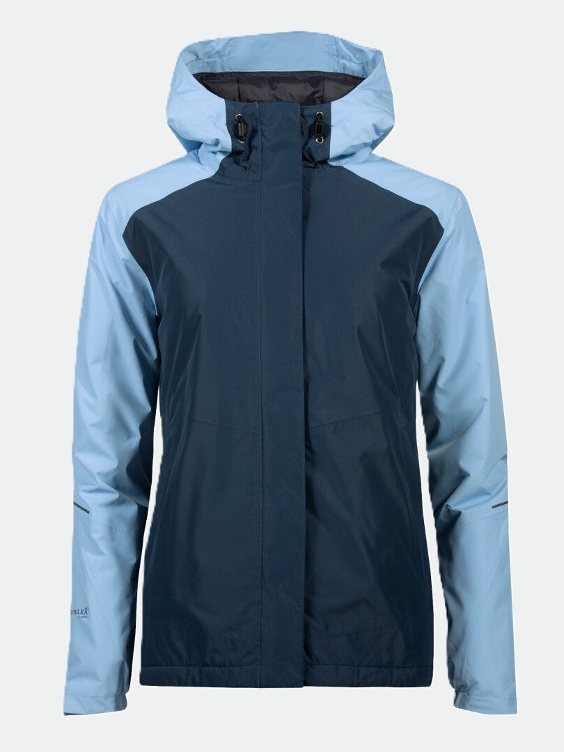 The Halti Fort Womens Warm Shell Jacket in blue features a front zipper and long sleeves, shown on a plain light background.