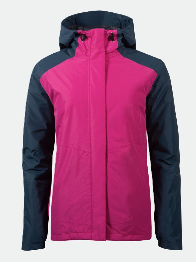 Halti Fort Womens Warm Shell Jacket: bright pink front, navy sleeves, recycled polyester, shown on white.