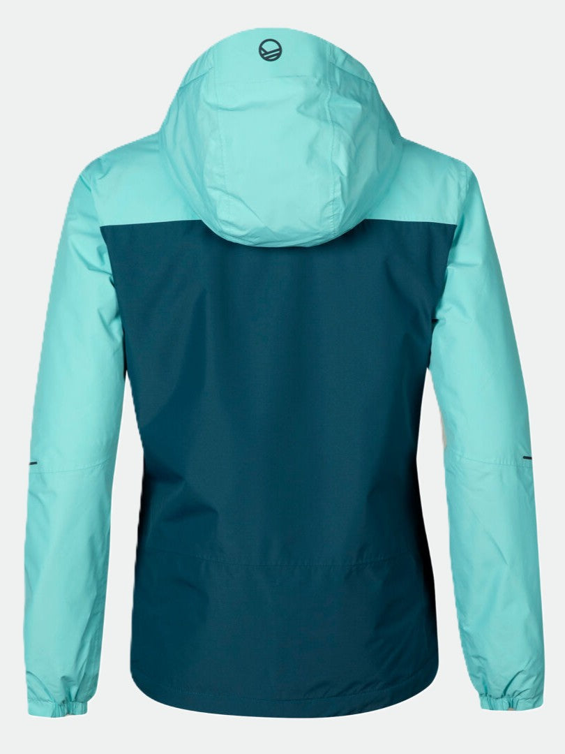 Halti Fort Womens Warm Shell Jacket: back view, light blue sleeves and hood, dark blue recycled polyester body.