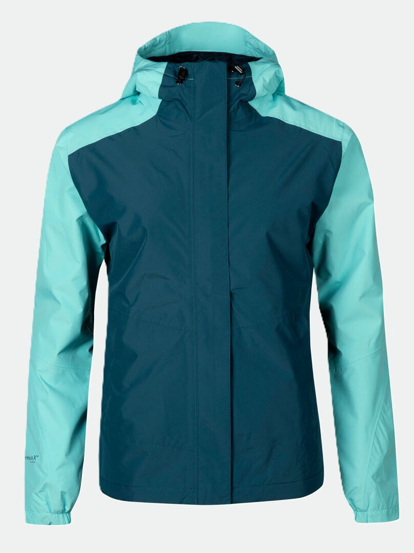 The Halti Fort Womens Warm Shell Jacket in blue/teal is waterproof, hooded, and made from recycled polyester.