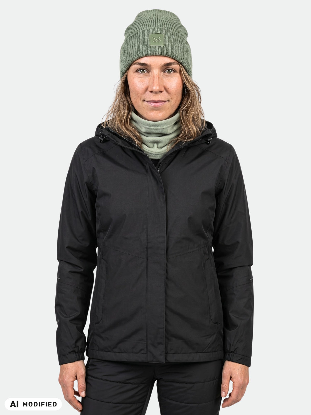 A person wears a black Halti Fort Warm Shell Jacket Women’s, a green beanie, and a matching neck gaiter.