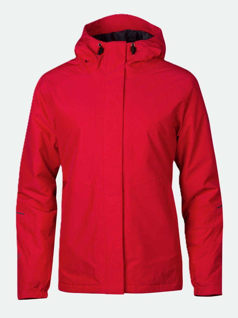 The Halti Fort Womens Warm Shell Jacket in bright red features long sleeves, a front zipper, and flap closure.