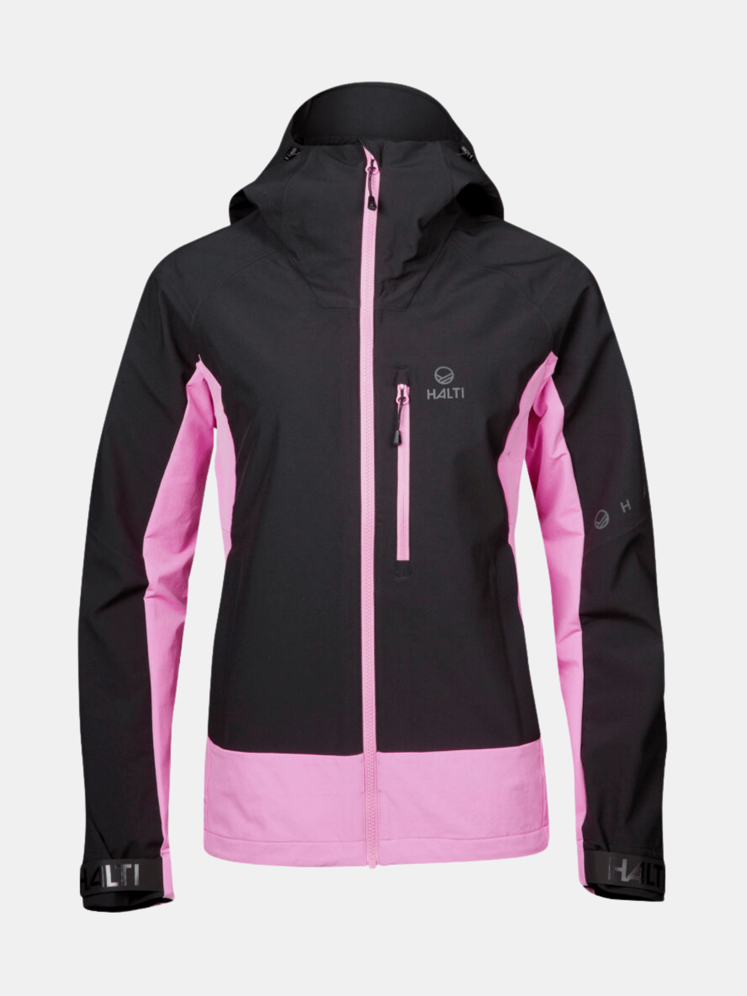 Halti Pallas Plus III Women's Warm Hybrid Jacket in black and pink with hood, chest pocket, and adjustable wrists.