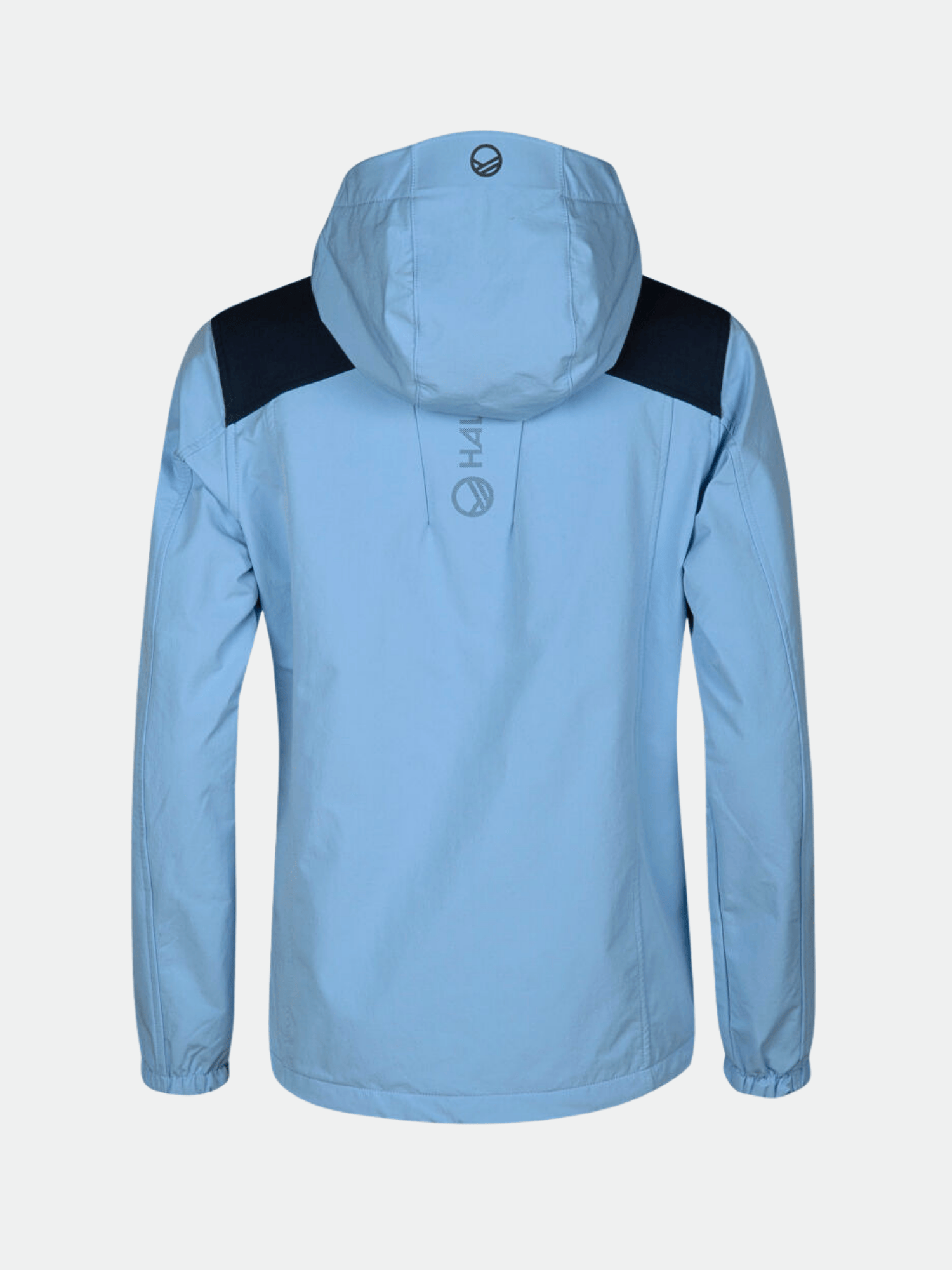 The Halti Pallas Women's Warm Anorak in light blue with black panels, wind and water repellent, shown from the back.