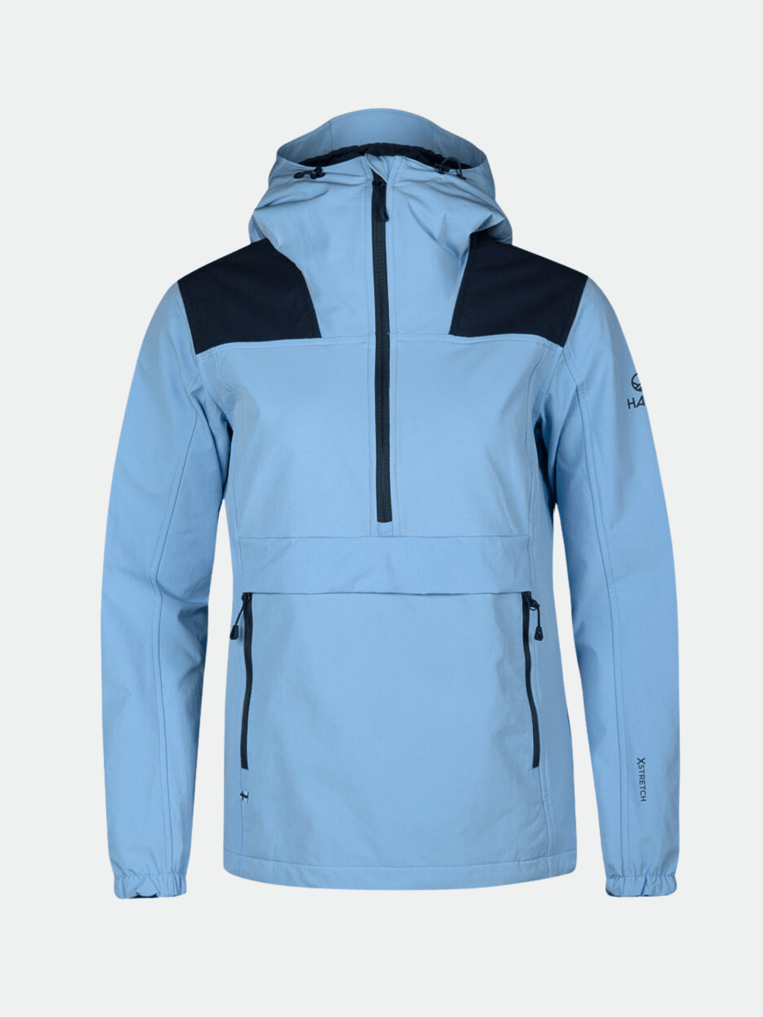 Halti Pallas Women's Warm Anorak—light blue with black accents, wind and water repellent for outdoor use.