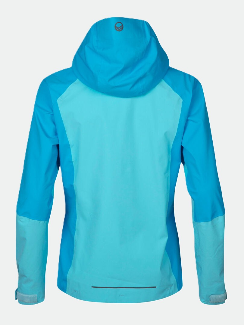 Back view of Halti Biegga Womens DrymaxX Shell Jacket with long sleeves and reflective strip in two-tone blue.