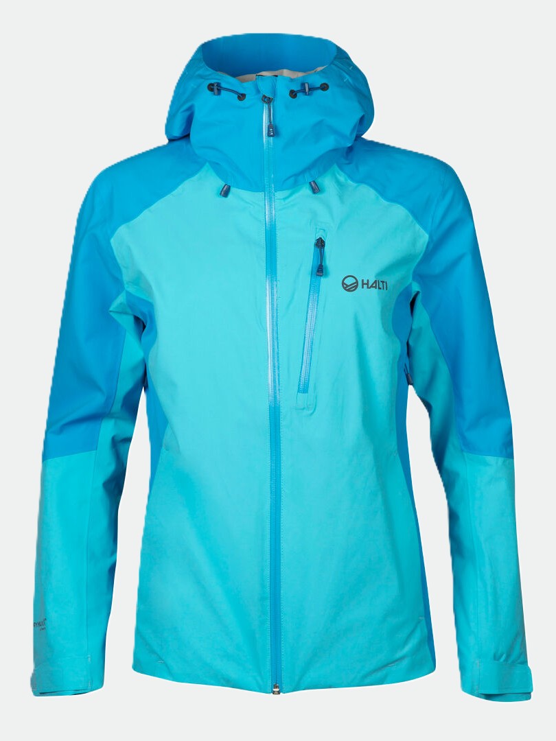 Halti Biegga Womens DrymaxX Shell Jacket in turquoise/light blue—waterproof, recycled, ideal for hiking and outdoors.