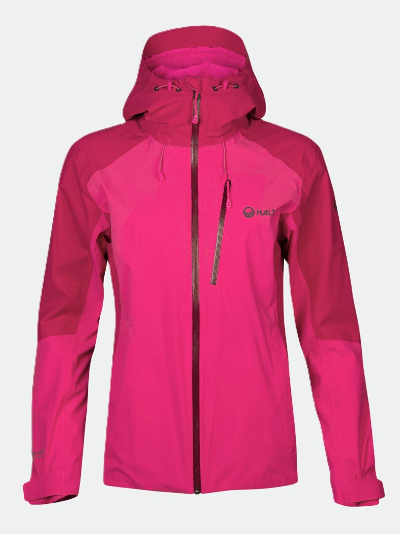 Halti Biegga Womens DrymaxX Shell Jacket: bright pink, waterproof, chest pocket, front zipper, long sleeves.