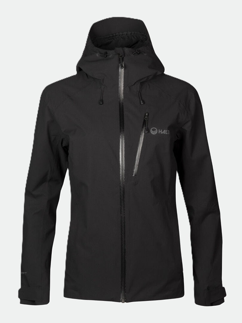 Halti Biegga Womens DrymaxX Shell Jacket: black, waterproof, recycled membrane, front zip, chest pocket.