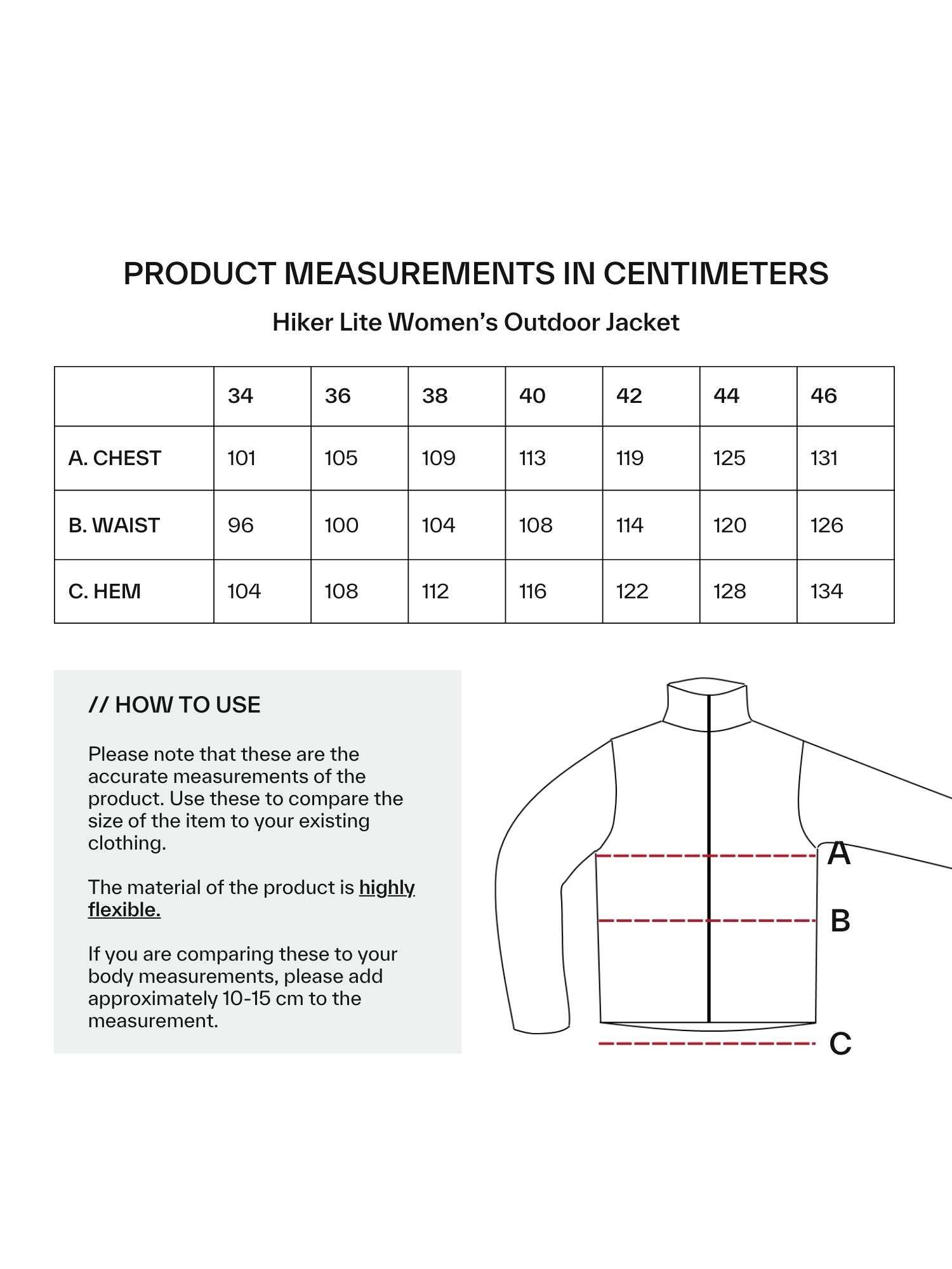 Size chart for Halti Hiker Womens Lite Outdoor Jacket: chest, waist, hem (cm), breathable fabric, includes diagram.
