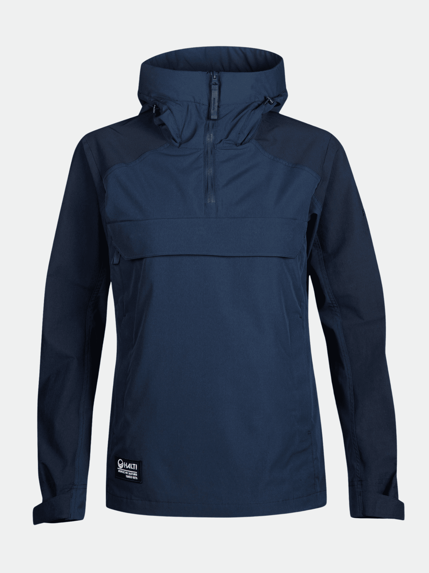 The Halti Hiker Womens Lite Anorak is navy blue with long sleeves, a front pocket, and a logo patch near the hem.