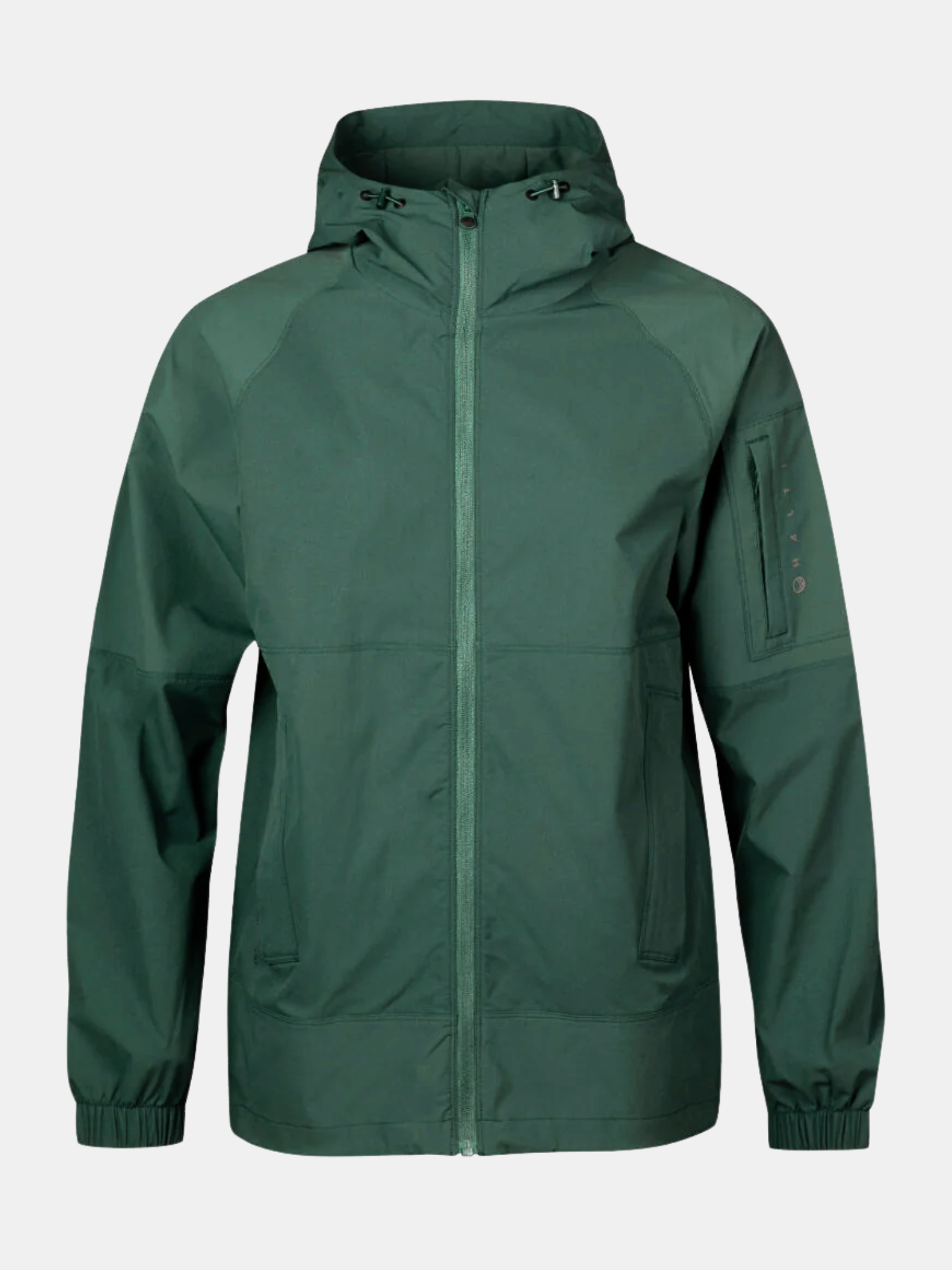 Halti Pallas Womens Jogger Lite Jacket: breathable, lightweight forest green hooded jacket with zippered sleeve pocket.