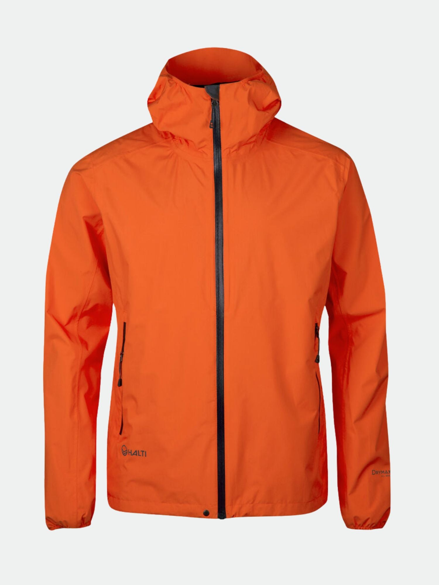 Halti Lastu II Men's DrymaxX 2.5L shell jacket in bright orange with zip pockets and Halti logo on lower left.