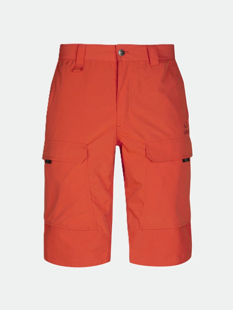 Halti Hiker Mens Lite Shorts in bright orange, water-repellent with belt loops, button, and side pockets.